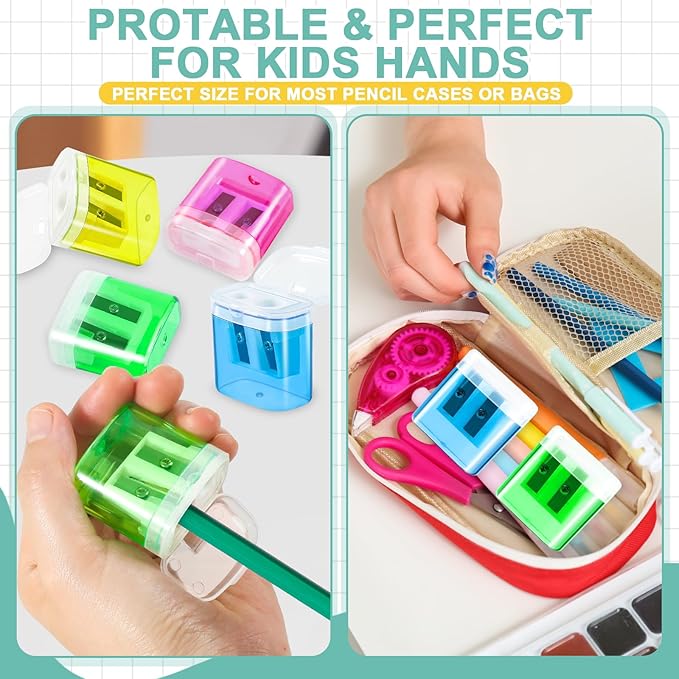 160 Piece Pencil Sharpener Bulk, Manual Dual Holes Pencil Sharpeners for Kids, 4 Colorful Handheld Pencil Sharpeners with Lid Portable Compact for School Supplies Classroom Office Students Home