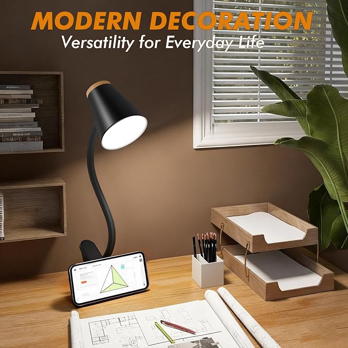 Clip on Desk Lamp for Home Office - Small LED Touch Dimmable Reading Lights for Books in Bed - Adjustable Flexible Gooseneck Clamp Light Table Lamp for Bedside Bedroom Headboard Black