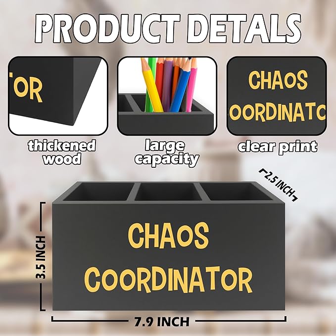Chaos Coordinator Black Yellow Pen Pencil Holder Organizer for Desk, Thank You Gifts for Women Men Coworkers Boss Leader Manager, Appreciation Gifts Wooden Box Sign for Desk Tabletop Decorations
