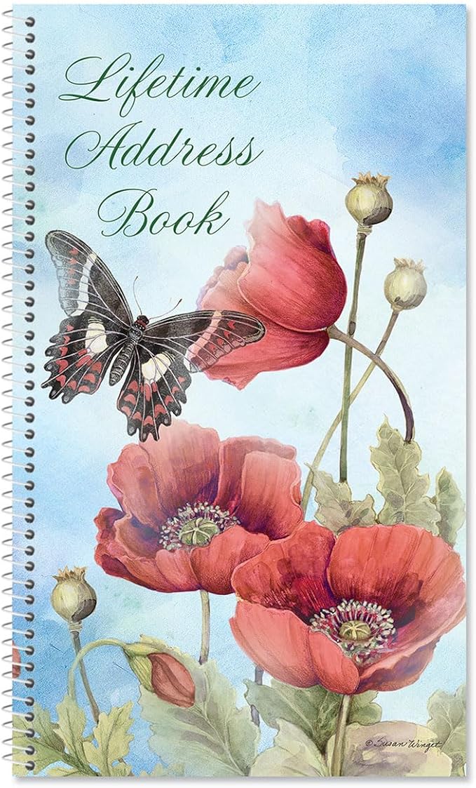 Current Red Spring Poppies Address Book-94 Pages; Small 5" x 8-1/2" Size for Purse or Office,Spiral Bound Soft Cover Organizer for Contacts, Addresses,Email, & Phone Numbers + 50 Replacement Stickers