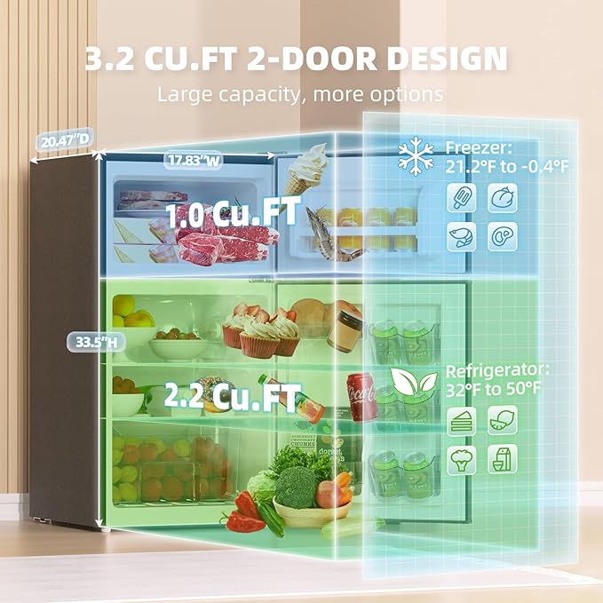 Frestec Mini Fridge with Freezer 3.2 Cu.Ft. 2 Door Refrigerator and Freezer Small Fridge for Bedroom Home Office Dorm, Small Drink Chiller, 37 dB Low Noise, Black