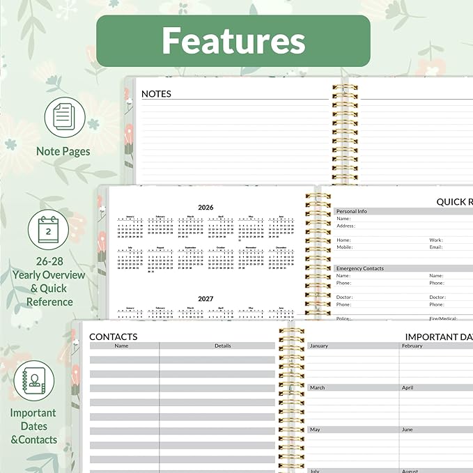 SUNEE 2026 Weekly and Monthly Planner - from January 2026 - December 2026, 8.5"x11" Daily Agenda Planner with Monthly Tab, Flexible Cover, Note Pages, Pockets, Bookmark, Green Wildflowers