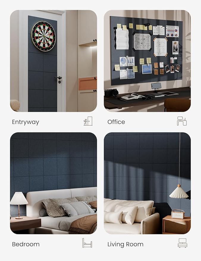 Bumusty Large Cork Board 47"x35" Alternative - 12 Pack Felt Wall Tiles with 70 Safe Removable Adhesive Tabs, 30 Pushpins, Cork Boards for Walls Pin Board Bulletin Board (Deep Charcoal Blue)