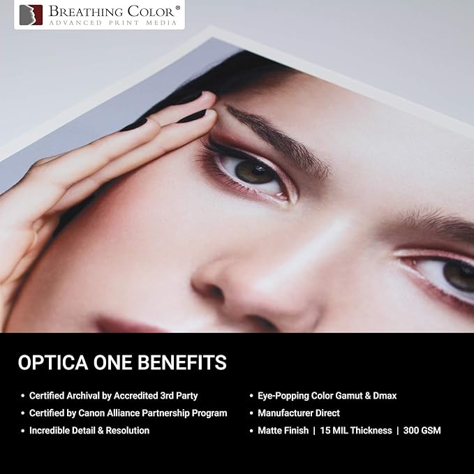 Optica One is a Luxurious 300 gsm Smooth Matte Fine Art Inkjet Paper Featured in a 44"x 40' Roll Its Bright White Color Makes It Ideal for Black and White and Color Prints 100% Archival Certified