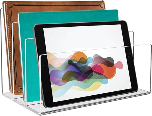 Tasybox Acrylic File Holder, Clear File Sorter Desk File Organizer 3 Sections Office Desktop Rack 9" x 6.5" x 6.5"