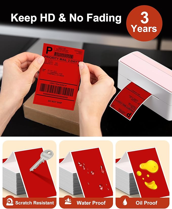 Phomemo 4x6 Thermal Label Printer Paper - 500 PCS Red 4"x6" Fan-Fold Shipping Supplies Labels - Water/Oilproof Label Stickers - Permanent Adhesive 4x6 Mailing Labels Paper for Thermal Printer