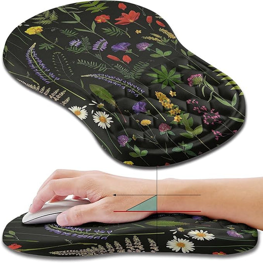 Hokafenle Ergonomic Mouse Pad Wrist Support, Wrist Rest Mousepad for Carpal Tunnel Pain Relief with Integrated Memory Foam Slope Massage Bulge (11.8x7.9 inch,Flowers