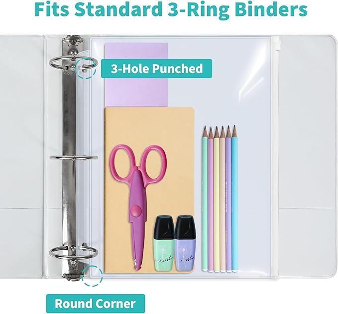 Binditek 40 Pack Plastic Zippered Binder Pockets, 3-Hole Punched for 3 Ring Binder, Clear PVC with Multicolor Zippers, Waterproof Loose Leaf Bag Pouch for Document Filing and Storage