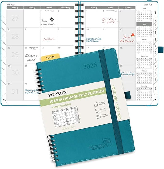 POPRUN Monthly Planner 2025-2026 Spiral Bound (6.5" x 8.5") 18 Months Calendar (Jul 2025 - Dec 2026) - 4 Pages per Month with Monthly Expense & Notes, Sunday Start, Leather Cover - Pacific Green