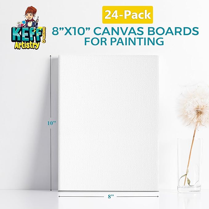 KEFF Canvas Boards for Painting - 8x10 24-Pack Bulk Canvas Panels Value Pack - 100% Cotton Triple Primed Canvases for Painting Supplies, Acrylic, Oil, Watercolor & Tempera