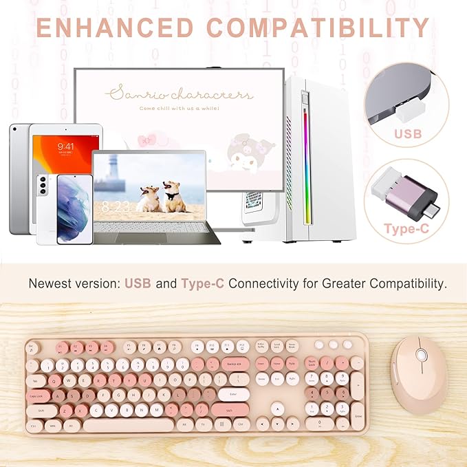 Wireless Keyboard and Mouse Combo, Ergonomic Full Size Typewriter Retro Round Keycaps Keyboard, Compatible with Windows, PC, Perfer for Home and Office Keyboards (Chocolate Color)