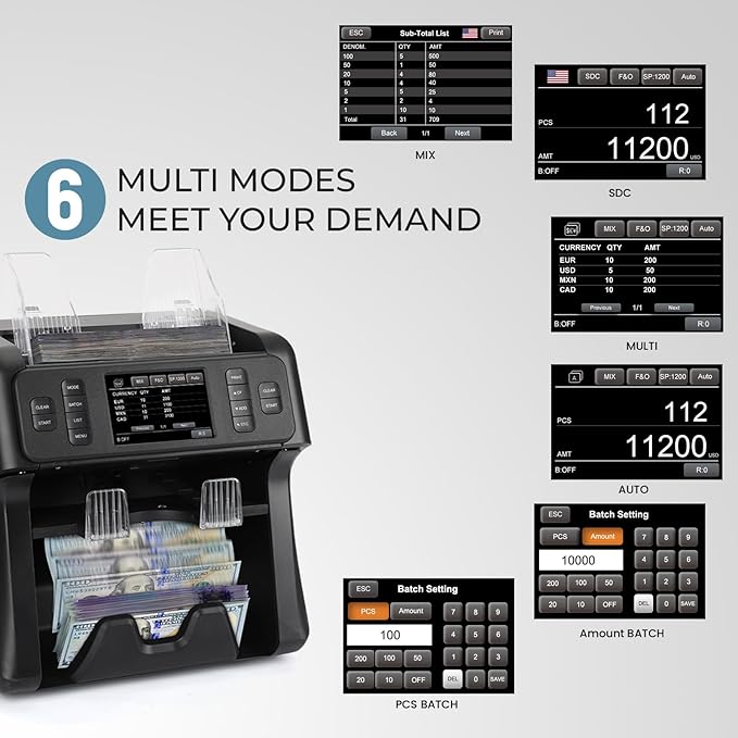 NUCOUN VS-35 Mixed Denomination Money Counter Machine,with Reject Pocket,Support USD/EUR/MXN/CAD Count,Bill Sorter,Counterfeit Detection CIS/UV/MG/IR,4'' Touch Screen,Sort&Print Enabled Cash Counter
