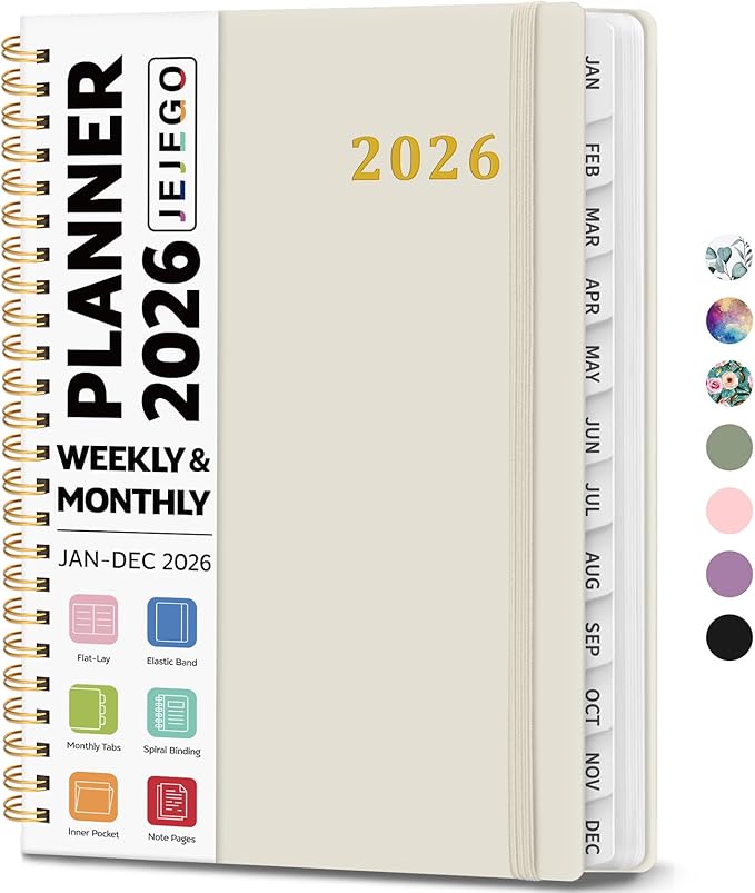 2026 Planner, Weekly and Monthly Calendar Planner Book, January 2026 - December 2026, Hardcover Spiral Planner with Monthly Tabs, Notes Pages, Perfect for Women & Men, A5 (6.4" x 8.5") - Beige