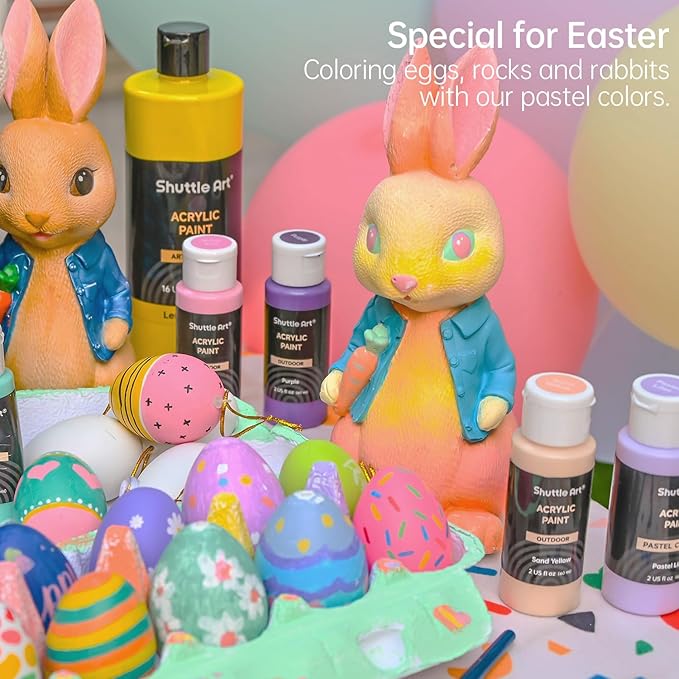 Shuttle Art 40 Pack Pastel Acrylic Paint Set, 30 Colors, 60ml/2oz Bottles, High Viscosity, Water-proof With 10 Paint Brushes for Painting &Crafting on Canvas, Rock, Ceramic, Fabric, Clay