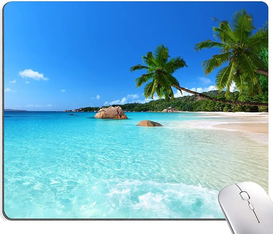 Hokafenle Mouse Pad, Square Beach Style Anti-Slip Rubber Mousepad for Gaming Office Laptop Computer PC Men Women Kids, Cute Custom Pattern, Beach and Coconut Trees Design