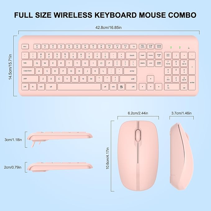 Wireless Keyboard and Mouse Combo, Full Size Silent Ergonomic Keyboard and Mouse, Long Battery Life, Optical Mouse, 2.4G Lag-Free Cordless Mice Keyboard for Computer, Mac, Laptop, PC, Windows(Pink)