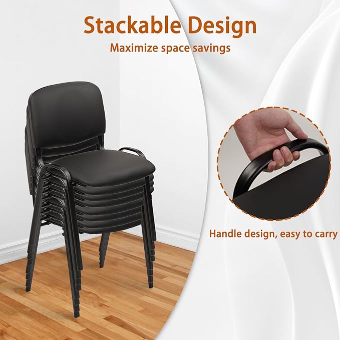 CLATINA Stacking Waiting Room Chairs, PU Leather Armless Office Guest Chair with Metal Frames, Stackable Conference Room Chairs No Wheels for Reception Lobby Side Meeting Training School, Black