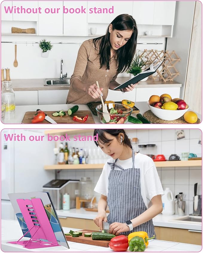 MSDADA Desk Book Stand Metal Reading Rest Book Holder Adjustable Cookbook Documents Holder Bookstands for Recipes Textbooks Tablet Music Books Birthday Gifts for Over 3 Years Old Boys Girls (Rose Red)