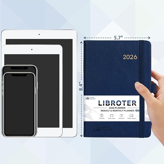 2026 Planner - Planner 2026, 2026 Weekly Monthly Planner, Jan.2026 - Dec.2026, 5.7'' x 8.4'', Thick Paper, Leather Cover, Pen Holder, Back Pocket, Bookmarks, Perfect Daily Organizer - Navy Blue