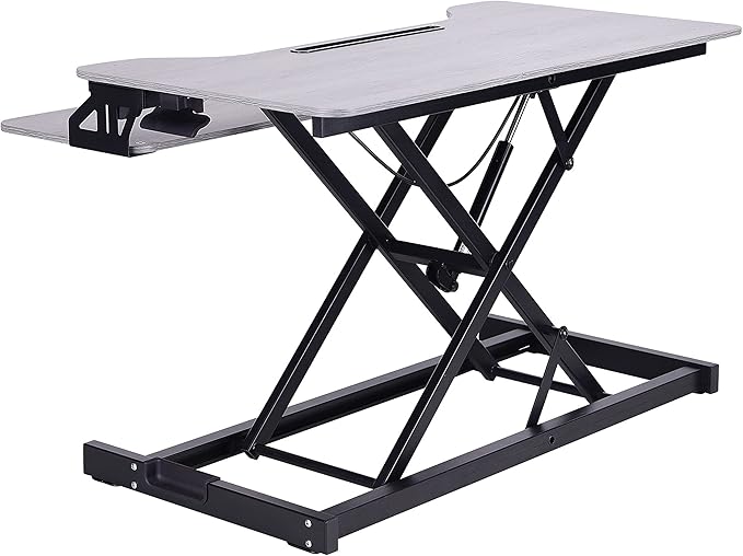 Rocelco Standing Desk Converter with Dual Monitor Mount - 31.5 Inch Sit Stand Up Tabletop Riser with Tablet Holder, Height Adjustable Workstation - Deep Keyboard Tray for Laptop - Gray (R VADRG-DM2)