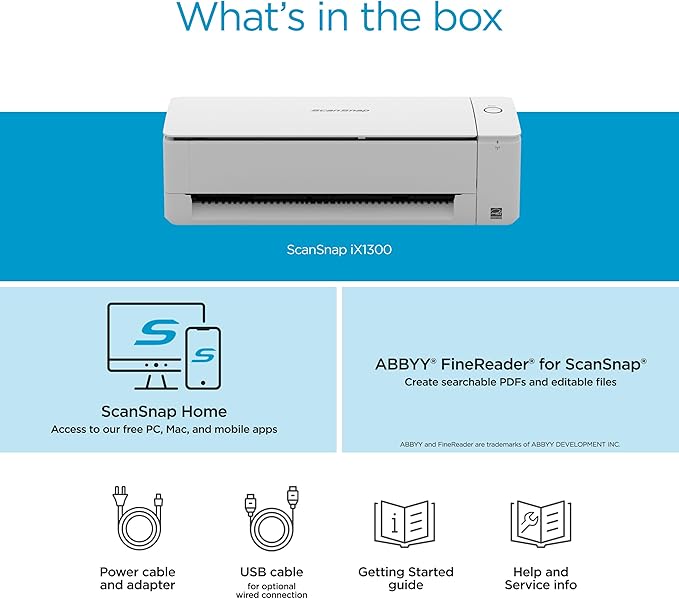 ScanSnap iX1300 Compact Wireless or USB Double-Sided Color Document, Photo & Receipt Scanner with Auto Document Feeder and Manual Feeder for Mac or PC, White