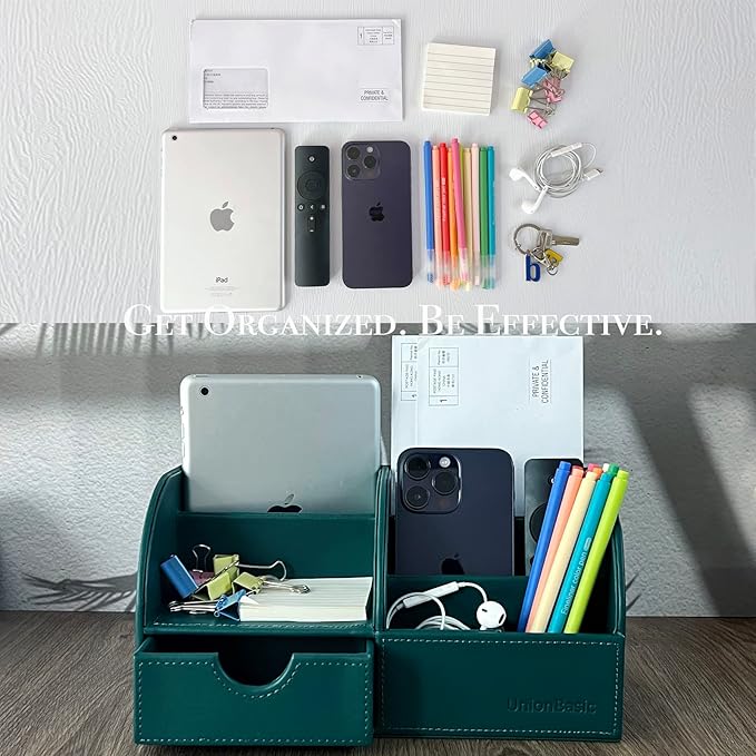 UnionBasic Desk Organizer - Multifunctional Leather Desktop Pen Holder Storage Box - Business Card/Pen/Pencil/Mobile Phone/Stationery Holder, Vintage Green