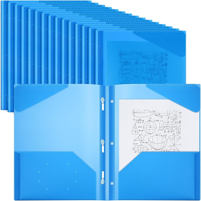 Yeaqee 50 Pack Clear 2 Pocket Folders with Prongs, Plastic Folders with Pockets and Prongs Fit Letter Size, File Folder for School Business Office Home(Blue)
