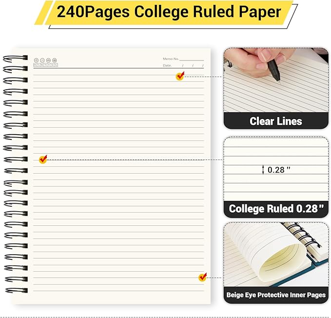 EUSOAR Notebooks for School, 1 Pack A4 8.3"x11.2" Hardcover Spiral Lined Journal College Ruled, 240 Pages(120 Sheets) Writing Pads Professional Notebook for DIY Note Taking Business Work Office