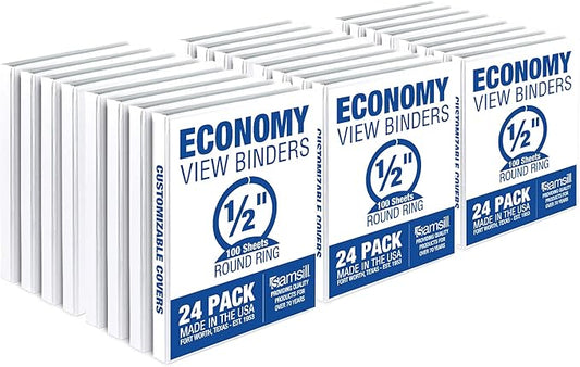 Samsill 0.5 Inch 3 Ring Binders, Made in USA, Economy Round Ring, Clear View Cover, 100 Sheet Capacity - for School, Home, Office - White, 24 Pack