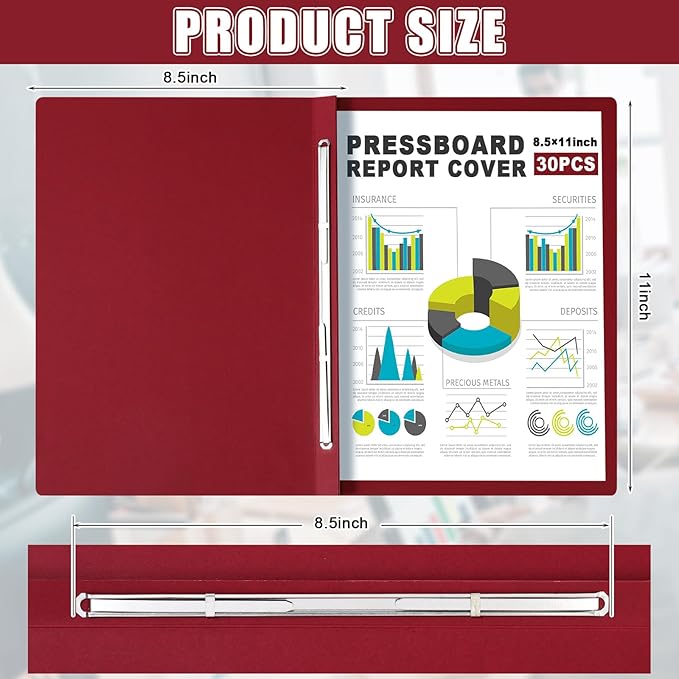 30 Pcs 8.5'' x 11'' Pressboard Report Cover, 3'' Capacity Metal Prong Fastener with Compressor, Letter Size, Presentation Folder to Neatly Bind Report, Proposal Document (Burgundy)