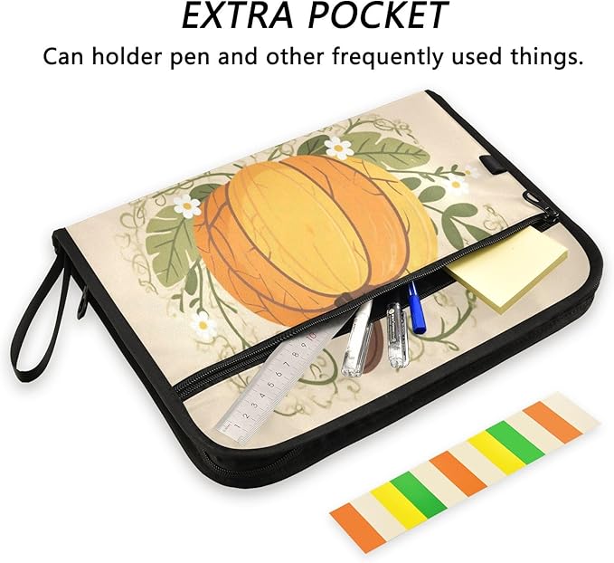 Orange Pumpkin and Leave Expanding File Organizer with 13 Pockets Accordion File Folders with Labels,Portable Document Paper Bill Receipt Organizer,Home College School Office Supplies, Letter S