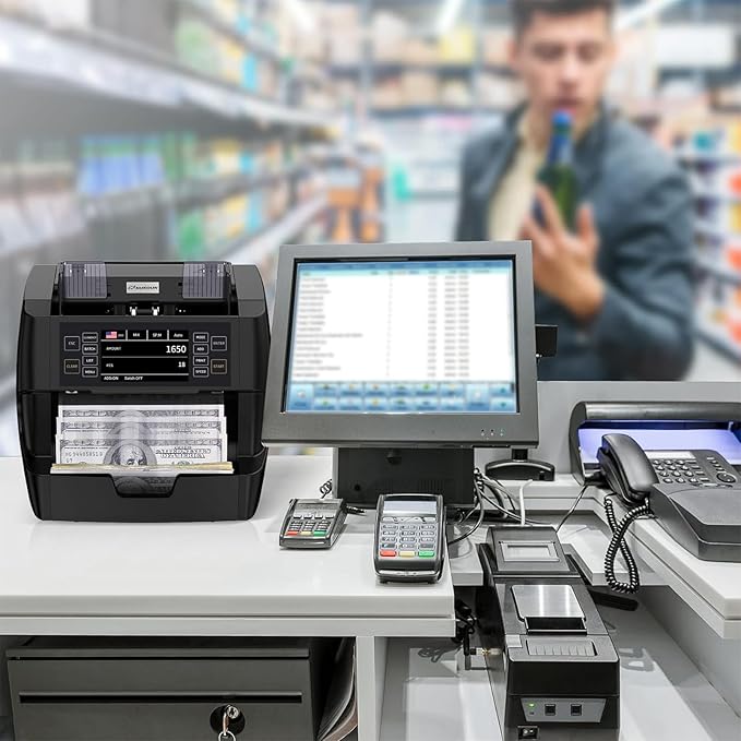 NUCOUN VC-3 Money Counter Machine Mixed Denomination, Value Counting, CIS/UV/IR/MG/MT Counterfeit Detection, USD/Euro/CAD/MXN, Printer Enabled Bill Cash Counter for Business