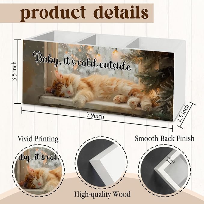 Winter Christmas Cat Pen Pencil Holder Organizer for Desk Accessories, Cat Mom Lovers Gifts for Women Wooden Box Sign Desk Decor for Office Decoration, Christmas Office Decor
