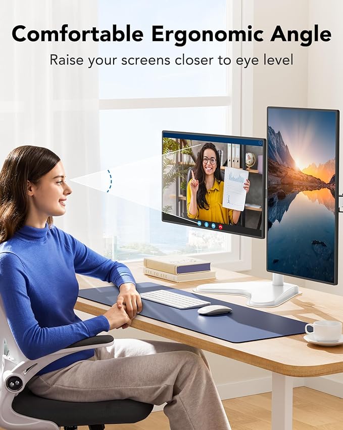 HUANUO 32 inches Dual Monitor Stand up to 17.6lbs, High-Grade Aluminum Free-Standing Dual Monitors Mount for 2 Screens. Fully Adjustable Dual Monitor Stand for Desk with Tilt, Swivel, Rotation, White