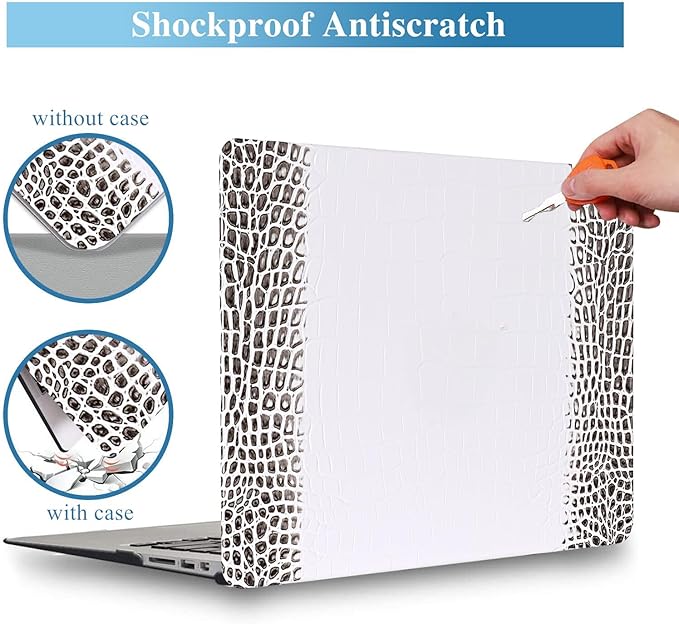 KEROM Compatible with Crocodile MacBook Air 13 Inch Case 2025-2022 M4 M3 M2 A3240 A3113 A2681, Textured Elegant Luxury Aligator Skin Snakeskin PU Leather Hardshell Case & Keyboard Cover, Black White