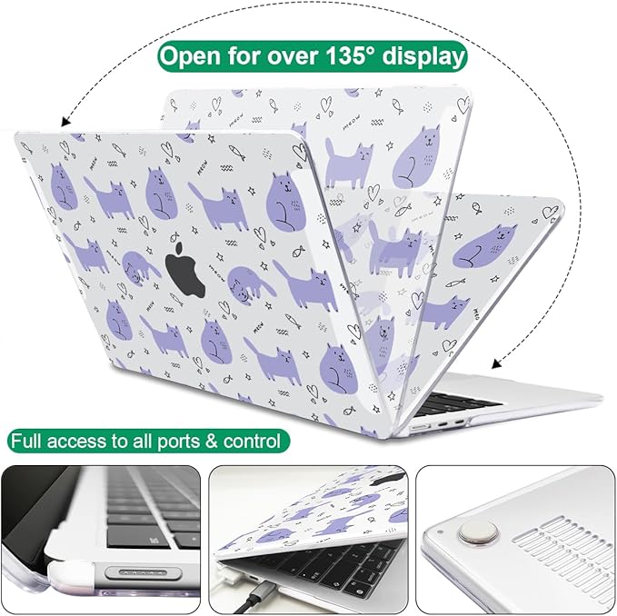 Case Compatible with MacBook Air 13.6 inch 2025 2024 2023 2022 M4 M3 M2 A3113 A2681 A3240 Cover with Liquid Retina Display Touch ID,Pattern Plastic Hard Shell for Mac Air M4, Cute Cat & Fish