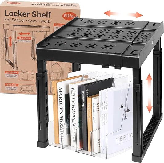 Locker Organizer Shelf， Adjustable Width and Height, Stackable, Ideal Locker Shelf for School, Office, Gym Lockers, or Even Kitchen Cabinets & Under Sink Organization (Black 1 Pack)