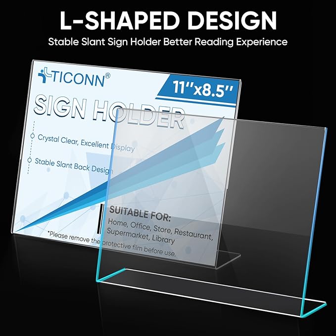 TICONN 11 x 8.5 Acrylic Sign Holder, L Shape Clear Sign Stand for Displaying, Plastic Paper Holder for Office, Store, Restaurant (Horizontal 6 Pack)