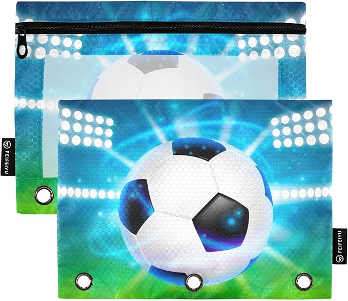 Soccer Ball on Field Pencil Pouch for 3 Ring Binder, 2 Pack Waterproof Pencil Bags Clear Window Zipper School Office Supplies