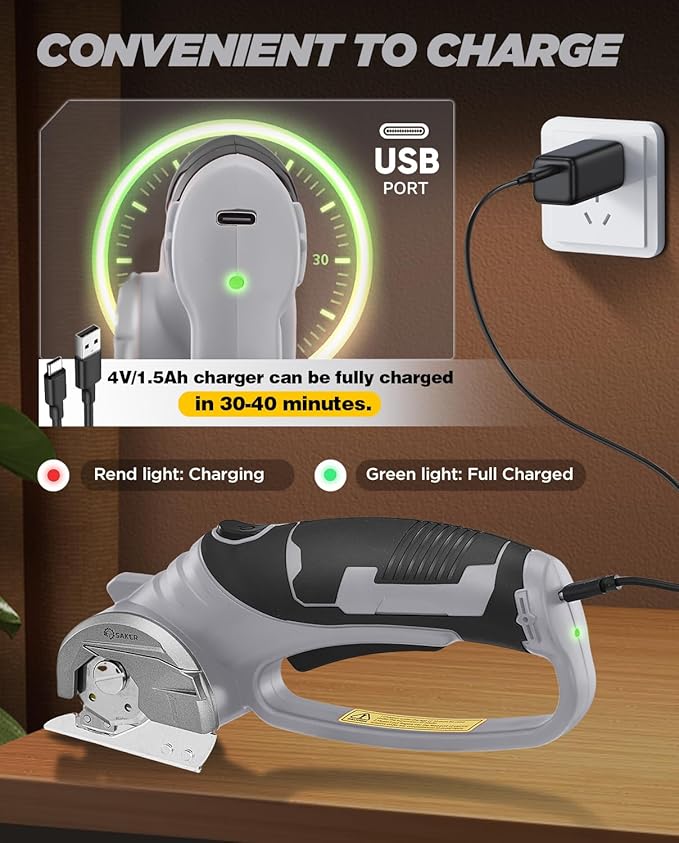 Saker Electric Box Cardboard Cutter,Cordless Elwetric Scissors for Fabric Leather Paper Plastic - Card Board Cutter Tool with 4V Recharged Battery - Safety Lock and LED Light for Cutting,Grey