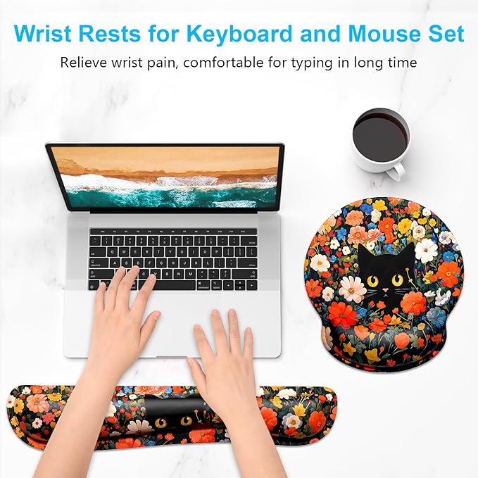 Dapesuom Keyboard Wrist Rest and Mouse Pad with Wrist Support, Cute Memory Foam Cushion for Keyboard and Mouse Set, Desktop Pad Rests with Non Slip Base for Easy Typing & Pain Relief, Cat Flower Bush