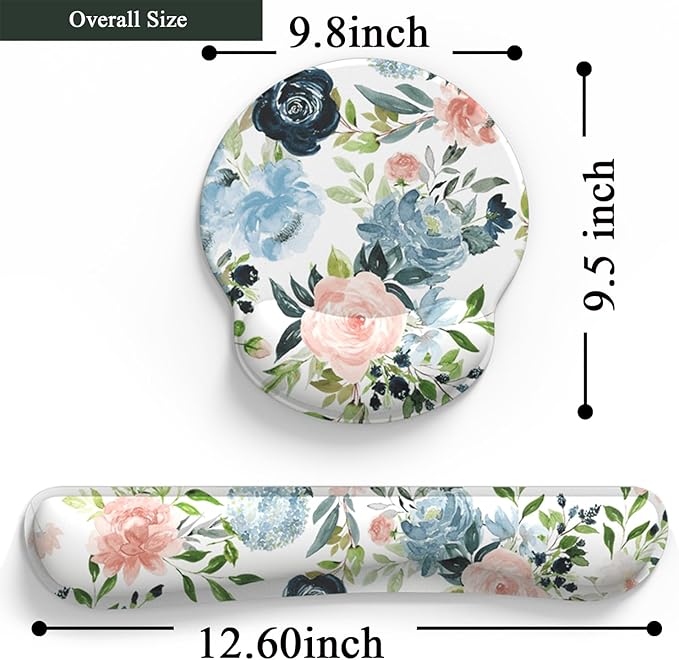 Green Blue Pink Floral Mouse Pad Wrist Support Keyboard Wrist Rest Set, Ergonomic Mouse Pad with Non-Slip Pu Base for Computer Office Comfortable Mouse Wrist Rest Easy Typing & Pain Relief Mouse Pad.