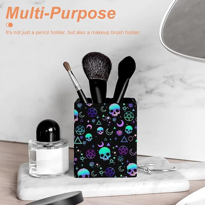 Square Pen Holder & Pencil Organizer for Desk - Office Storage Organizer, Markers/Makeup Brushes/Scissors Holder, Compact Desk Decor Accessories for Home Classroom School(Skull)