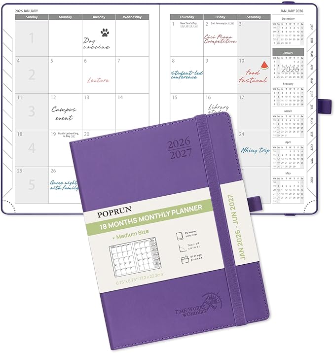 POPRUN Monthly Planner 2026-2027 (Medium- 6.5'' x 8.5'' Soft Cover), 18-Month Calendar Book (Jan.2026 - Jun. 2027), Calendar Planner with Monthly Tabs & Pocket, 100 GSM Paper - Purple