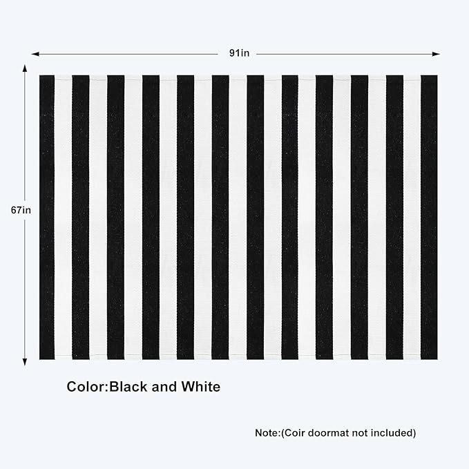 Black and White Striped Rug 5' 7" x 7' 7" Washable Large Patio Rug Cotton Hand Woven Indoor Outdoor Rug for Porch Backyard Dining Room Entryway Halloween Autumn Decorations