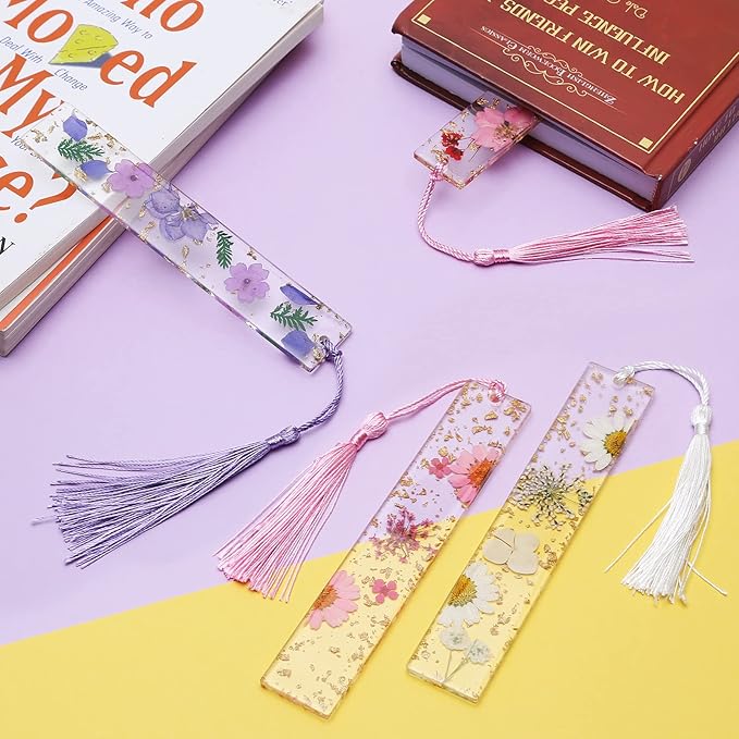 Dried Flower Bookmarks with Tassels, Kaluofan 4PCS Bookmarks for Women, Durable Handmade Dried Flower Resin Bookmarks, Pretty and Increase Reading Interest, (FB04)