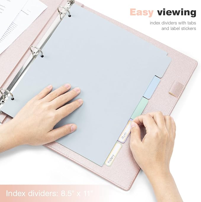 Ospelelf 3 Ring Binder with Clipboard, 1 Inch Leather, Letter Size (8.5" x 11"), Clipboard Binder with 5 Tab Dividers, Rose Gold