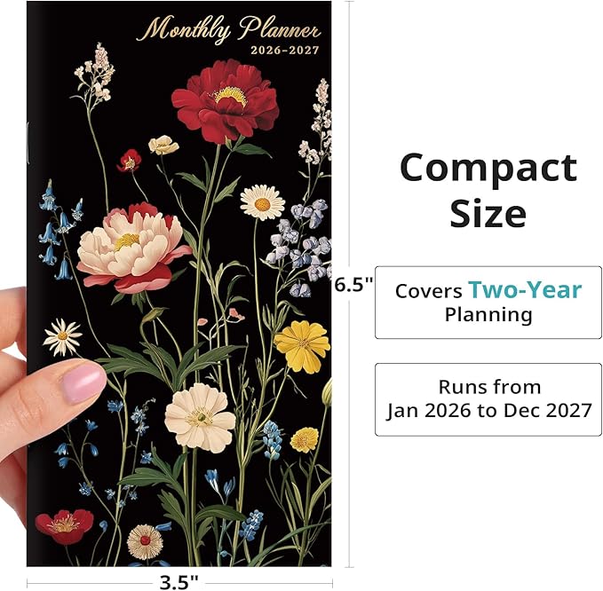 Pocket Calendar 2026-2027 for Purse, Two Year Monthly Planner Pocket Size, Jan 2026 to Dec 2027 Monthly Planner Small Size (6.5" x 3.5") - Peony Bloom