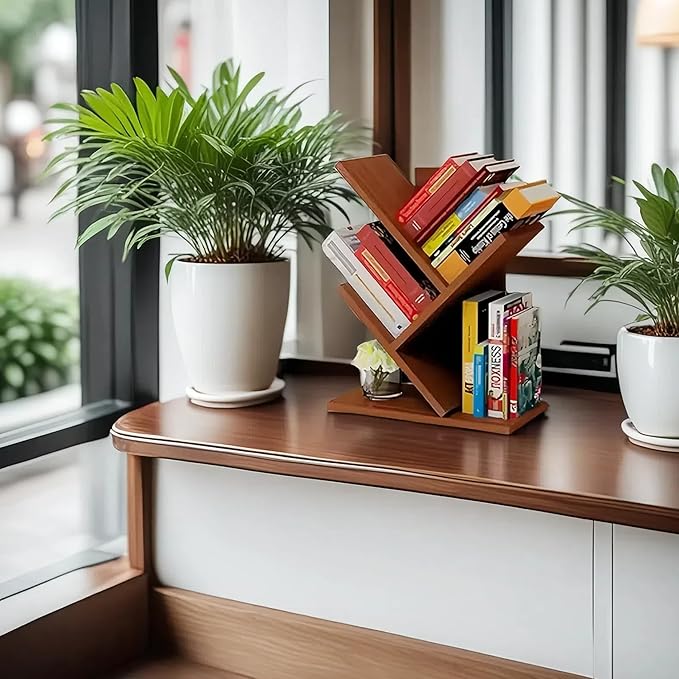 Godferyxin Tree Bookshelf,Desktop Book Shelf,3 Tier Wood Mini Bookshelf and Book Tree for Office, Home or School Desk Book Shelf for for Displaying Books, CDs, Magazines Wood Storage Rack