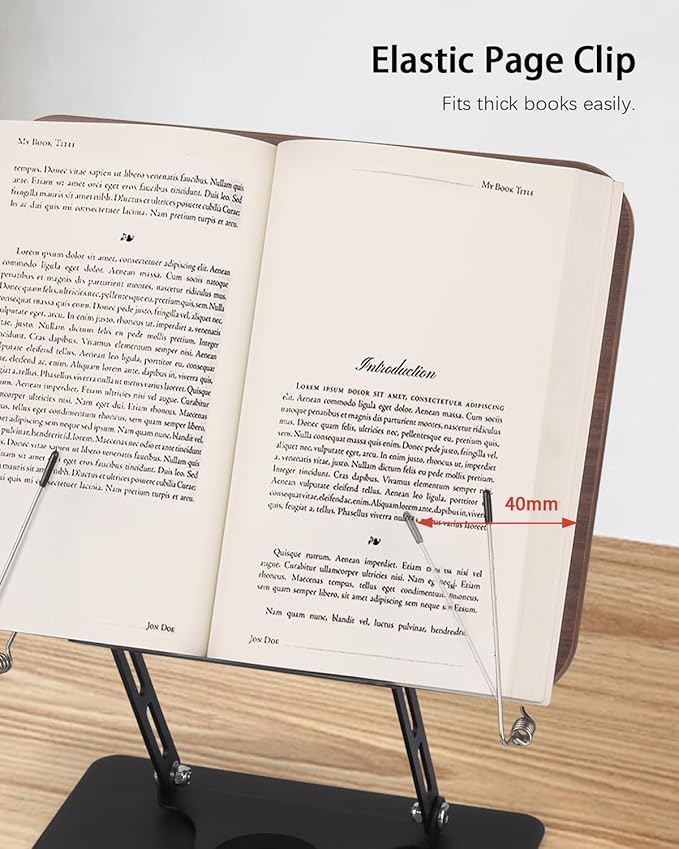 Honagu Book Stand for Reading, Adjustable Book Holder with 360 Degree Rotating Base & Page Clips, Hands Free Foldable Desktop Cookbook Stand for Sheet Music, Laptop, Recipe, Textbook (Brown Wood)